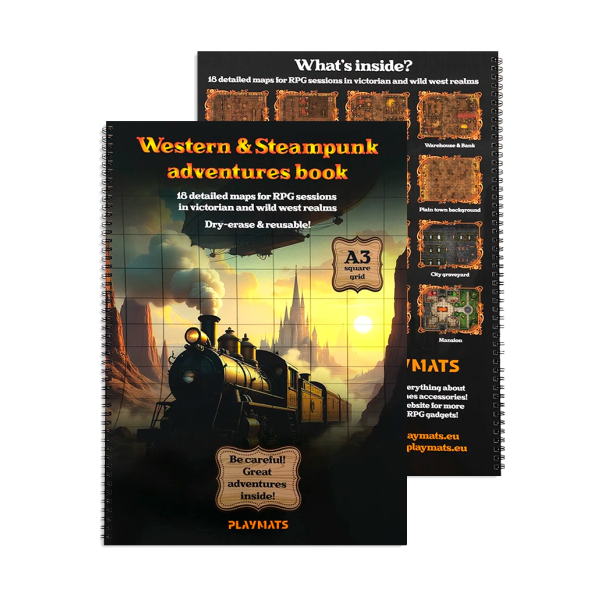 Księga RPG Western & Steampunk – 18 map A3 do sesji RPG z siatką